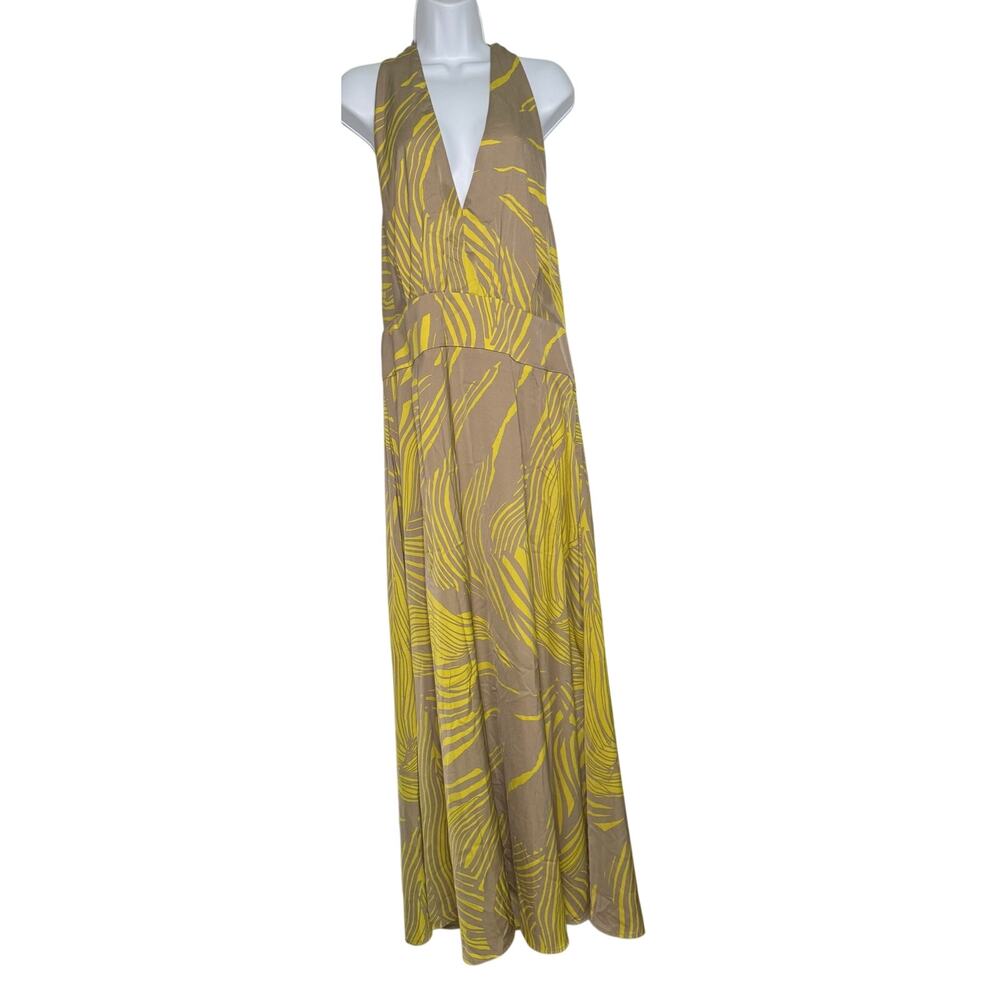 Banana Republic Satin Yellow Tan Floral Halter Midi Dress SIZE 16 New Open Back